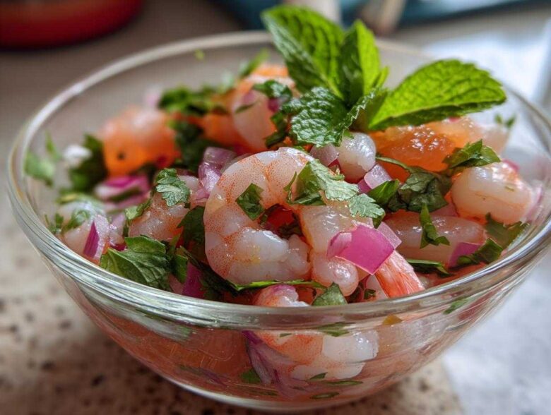 A close-up of Grapefruit Shrimp Ceviche in a clear glass bowl, featuring plump shrimp, red onion, cilantro, and mint.