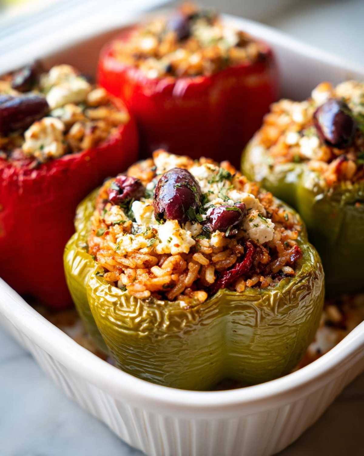 Close-up of Greek Stuffed Peppers filled with rice, feta cheese, olives, and herbs in a white baking dish.