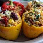 Close-up of colorful Greek stuffed peppers filled with rice, feta cheese, olives, and herbs.