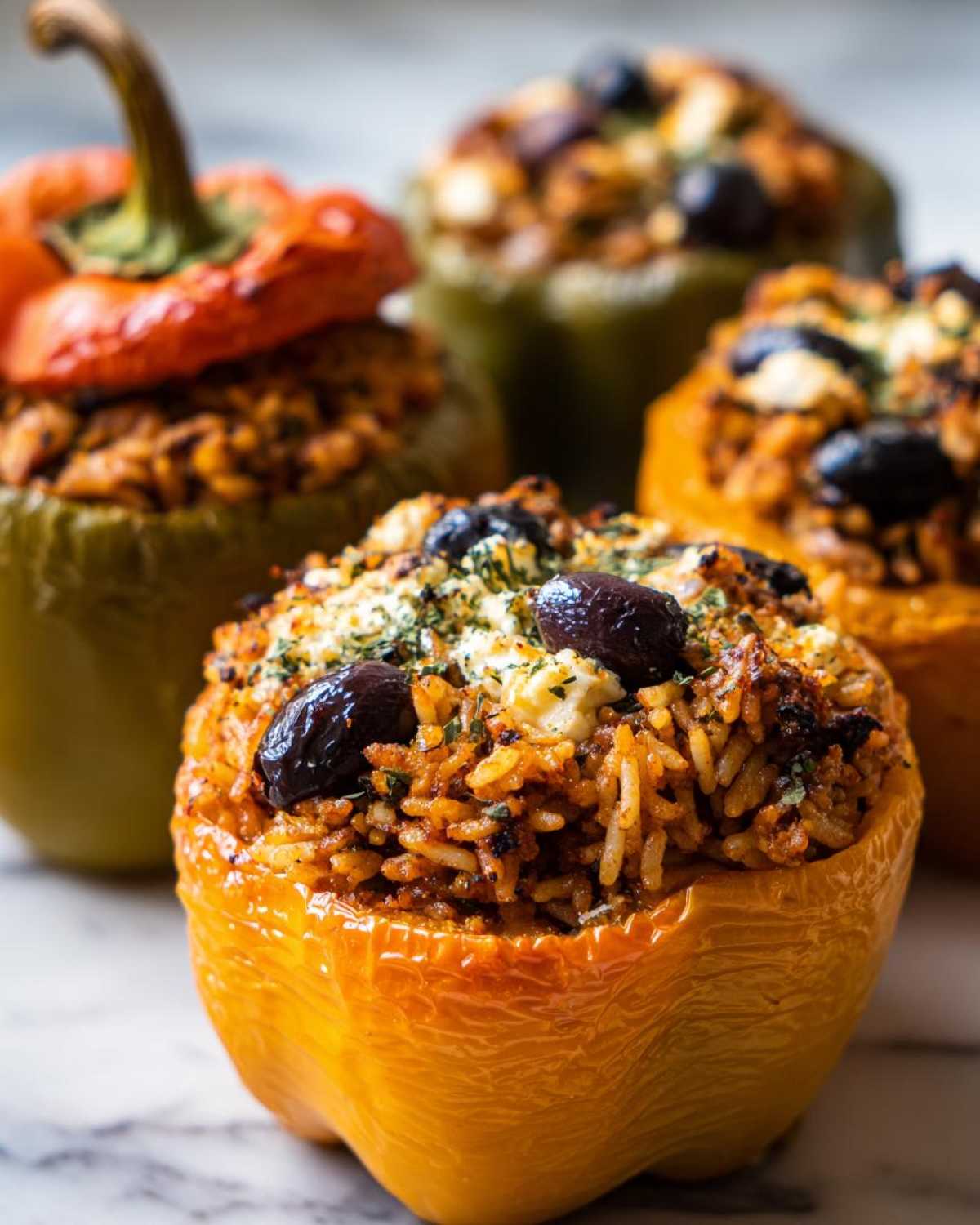 Close-up of colorful Greek stuffed peppers filled with rice, topped with feta cheese, olives, and herbs.