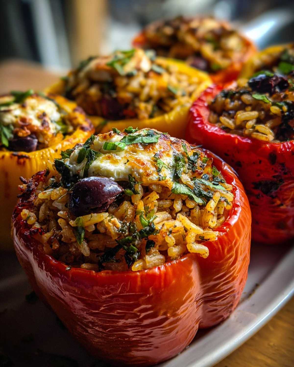 Close-up of a red Greek stuffed pepper filled with rice, herbs, feta cheese, and olives.