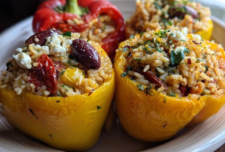 Close-up of colorful Greek stuffed peppers filled with rice, feta cheese, olives, and herbs.
