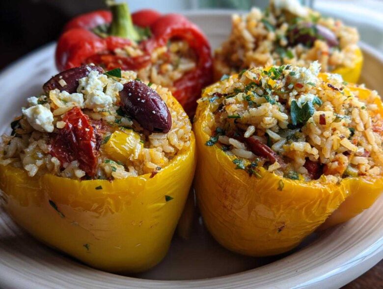 Close-up of colorful Greek stuffed peppers filled with rice, feta cheese, olives, and herbs.
