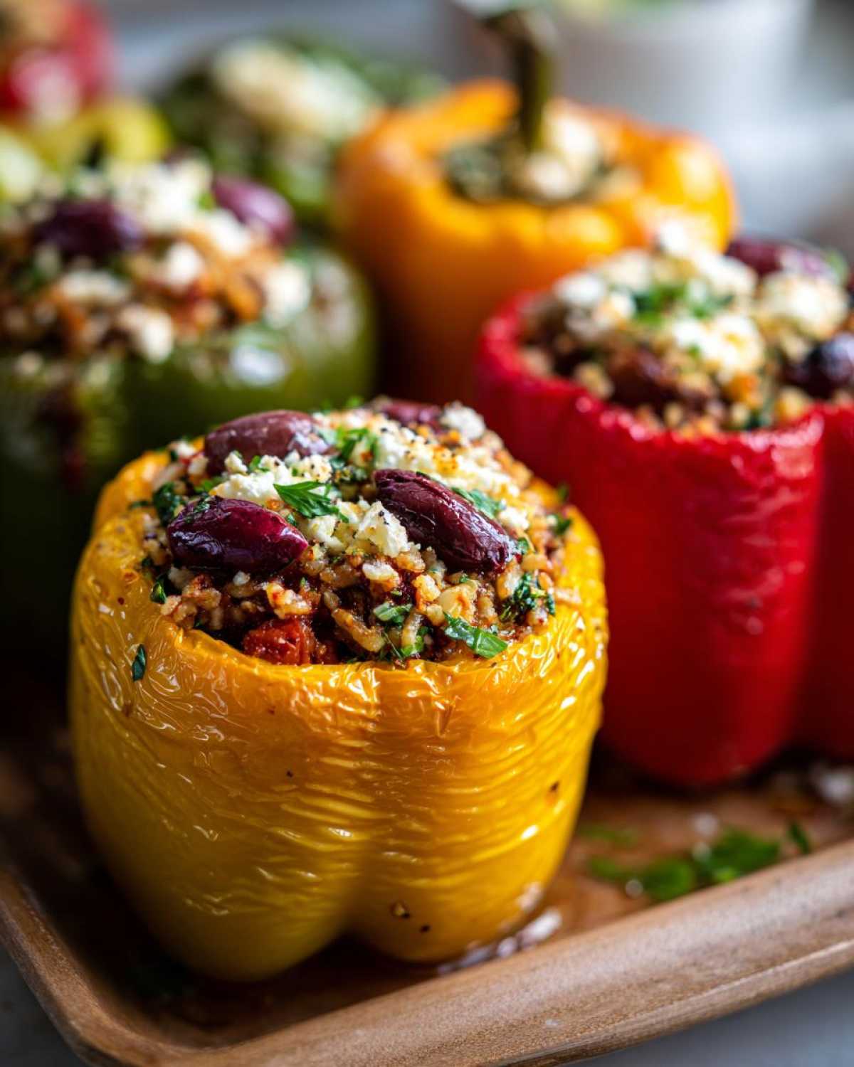 Close-up of vibrant Greek stuffed peppers filled with rice, olives, feta cheese, and herbs.