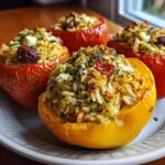 Close-up of four colorful Greek stuffed peppers filled with rice, feta cheese, olives, and herbs.