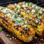 Close-up of three ears of grilled elote, topped with crumbled cheese and fresh cilantro, on a wooden board.