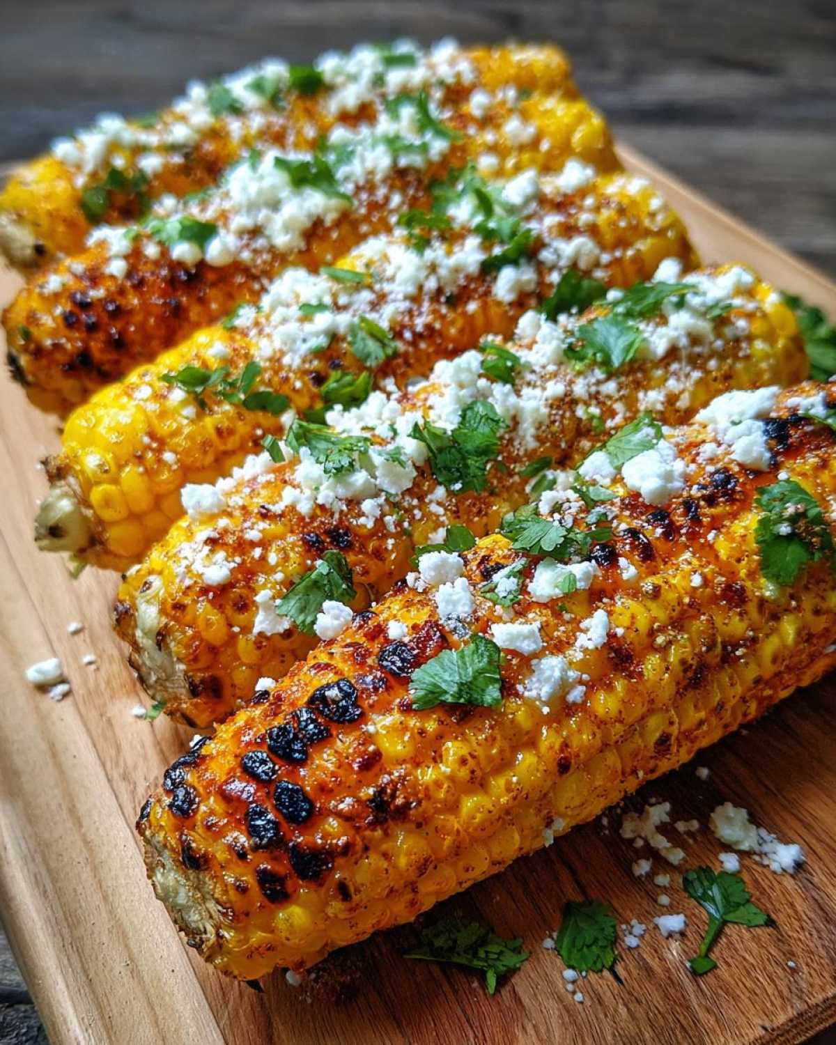 Close-up of four ears of grilled elote, topped with crumbled cheese and fresh cilantro.