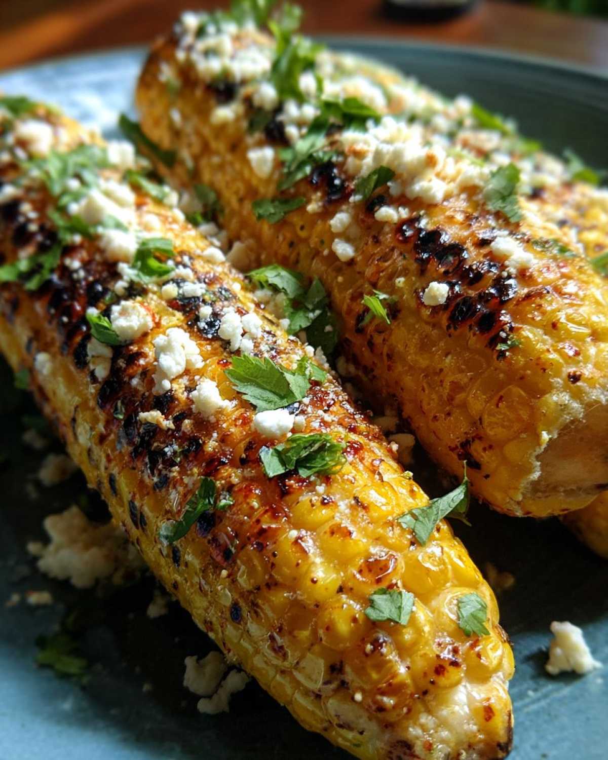 Close-up of two ears of grilled elote, topped with crumbled cheese and fresh cilantro.