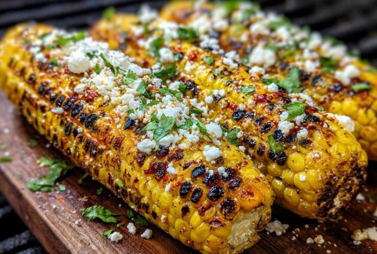 Close-up of three ears of grilled elote, topped with crumbled cheese and fresh cilantro, on a wooden board.