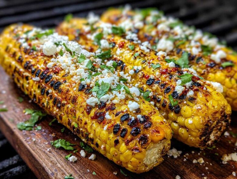 Close-up of three ears of grilled elote, topped with crumbled cheese and fresh cilantro, on a wooden board.
