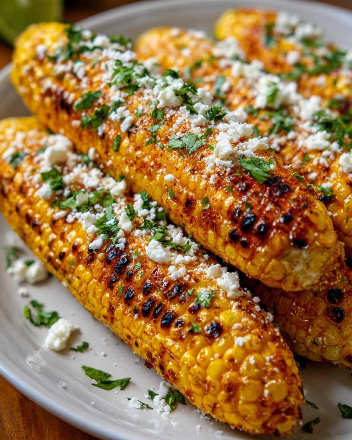 Close-up of perfectly grilled elote corn on a white plate, topped with crumbled cotija cheese and fresh cilantro.