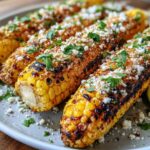 Close-up of perfectly grilled elote corn on the cob, topped with crumbled cotija cheese, chili powder, and fresh cilantro.