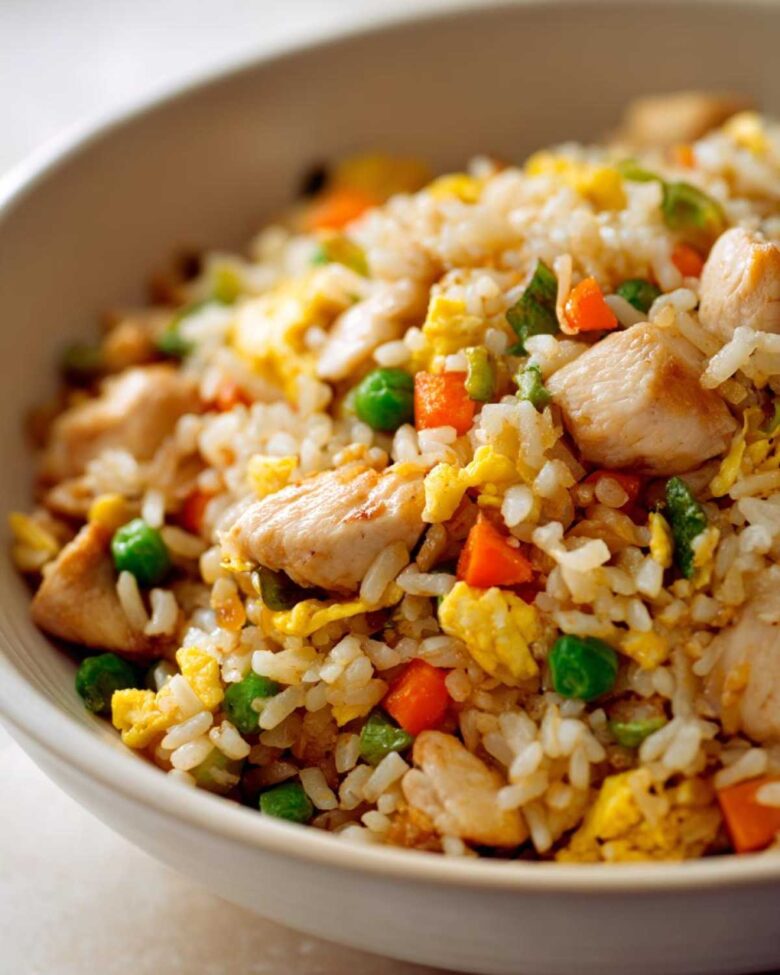 A close-up of a bowl filled with flavorful Hibachi Chicken Fried Rice, featuring tender chicken pieces, fluffy rice, peas, carrots, and scrambled egg.
