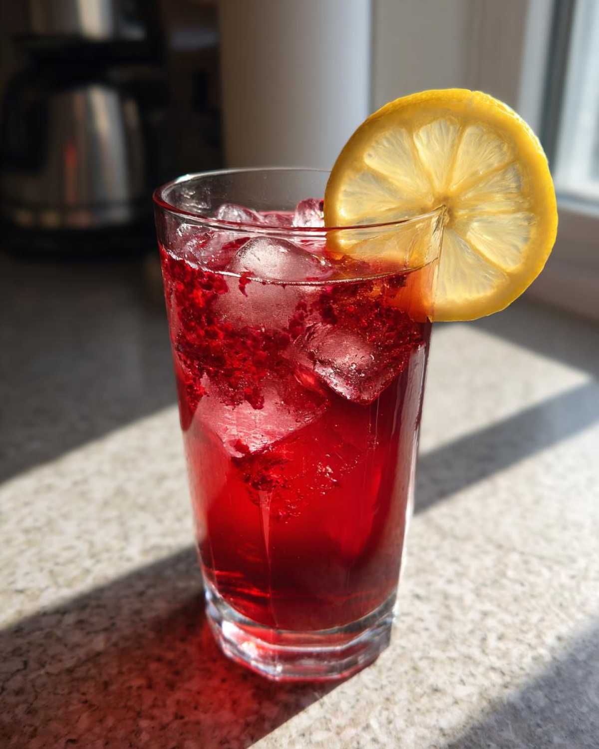 A tall glass of vibrant red Hibiscus Iced Tea filled with ice and garnished with a lemon slice.
