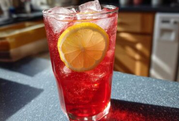 A tall glass filled with vibrant red Hibiscus Iced Tea, packed with ice cubes and garnished with a fresh lemon slice.