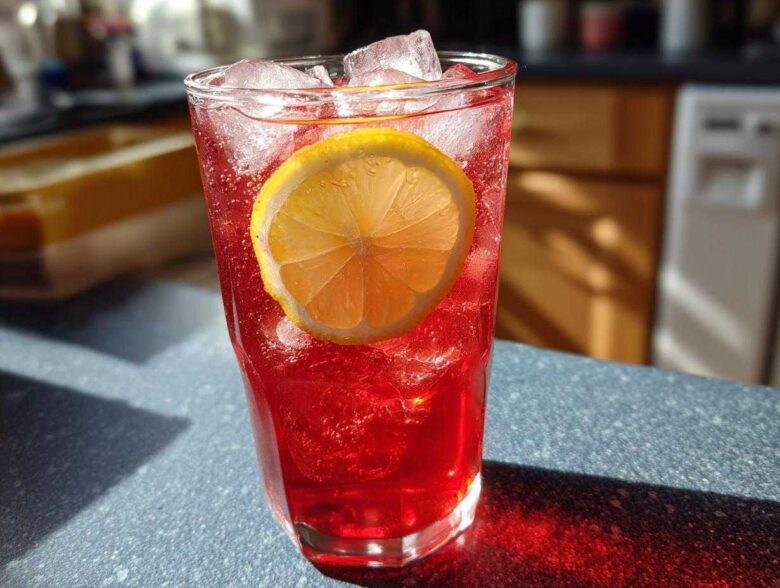 A tall glass filled with vibrant red Hibiscus Iced Tea, packed with ice cubes and garnished with a fresh lemon slice.