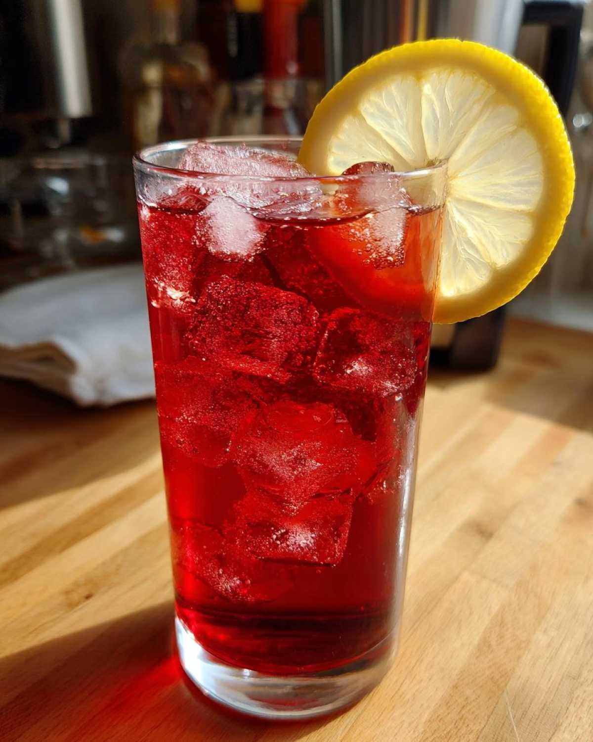 A tall glass filled with vibrant red Hibiscus Iced Tea, packed with ice, and garnished with a bright lemon slice.
