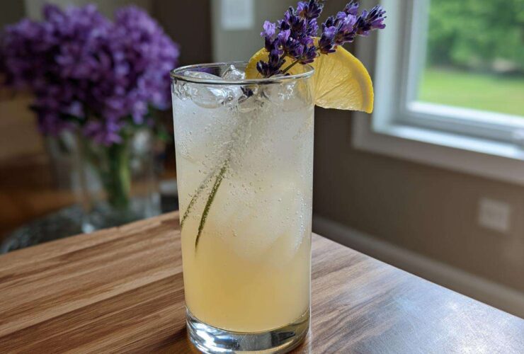 A tall glass of Honey Lavender Lemonade filled with ice, garnished with a lemon slice and fresh lavender sprigs.