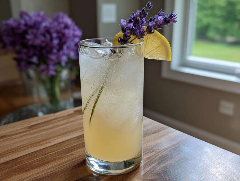 A tall glass of Honey Lavender Lemonade filled with ice, garnished with a lemon slice and fresh lavender sprigs.