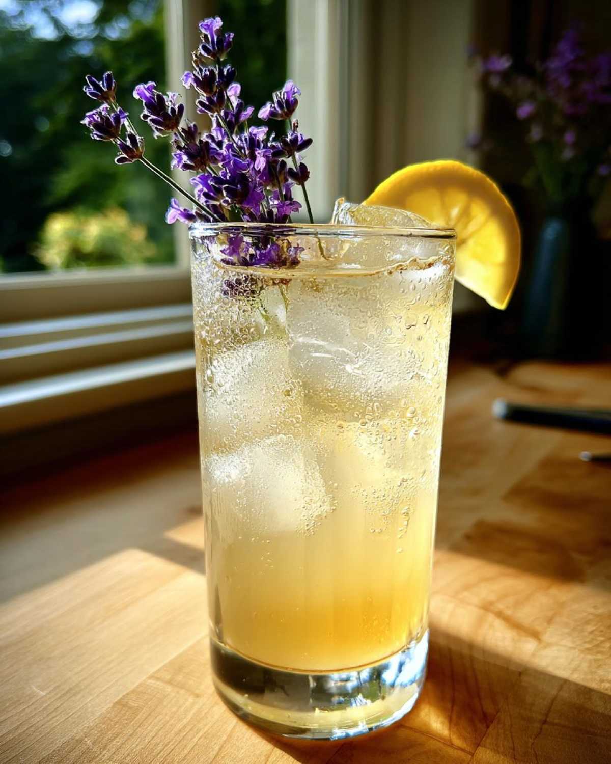 A tall glass of Honey Lavender Lemonade with ice, a lemon slice, and fresh lavender sprigs.