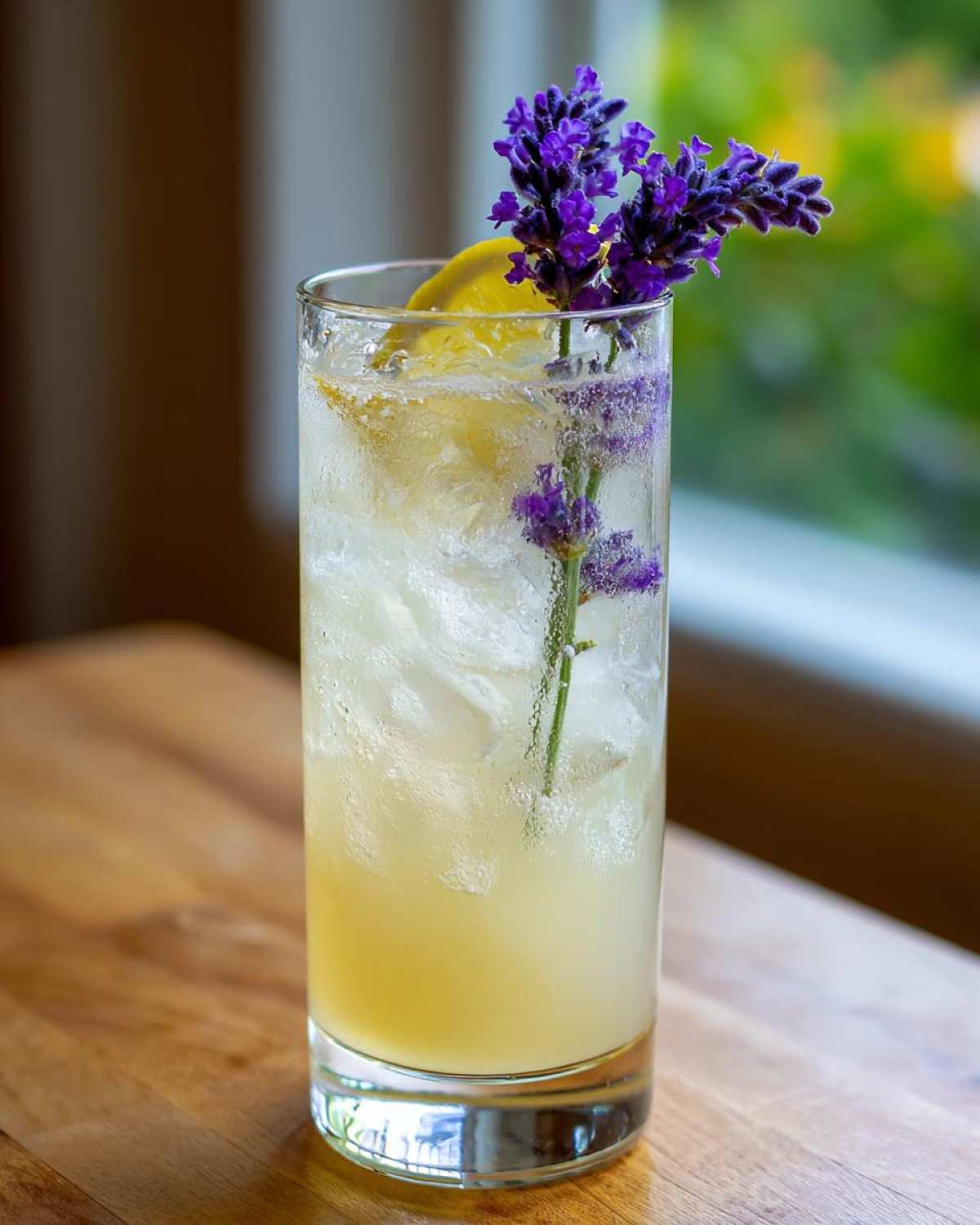 A tall glass of Honey Lavender Lemonade filled with ice, a lemon slice, and fresh lavender sprigs.