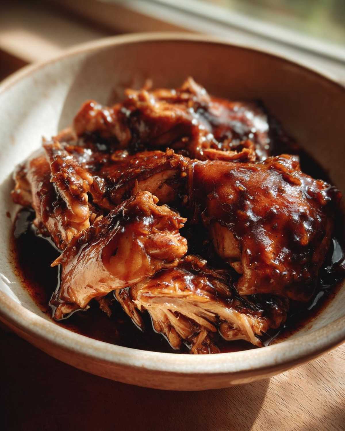 Close-up of tender Instant Pot Balsamic Chicken in a bowl, coated in a rich, glossy sauce.