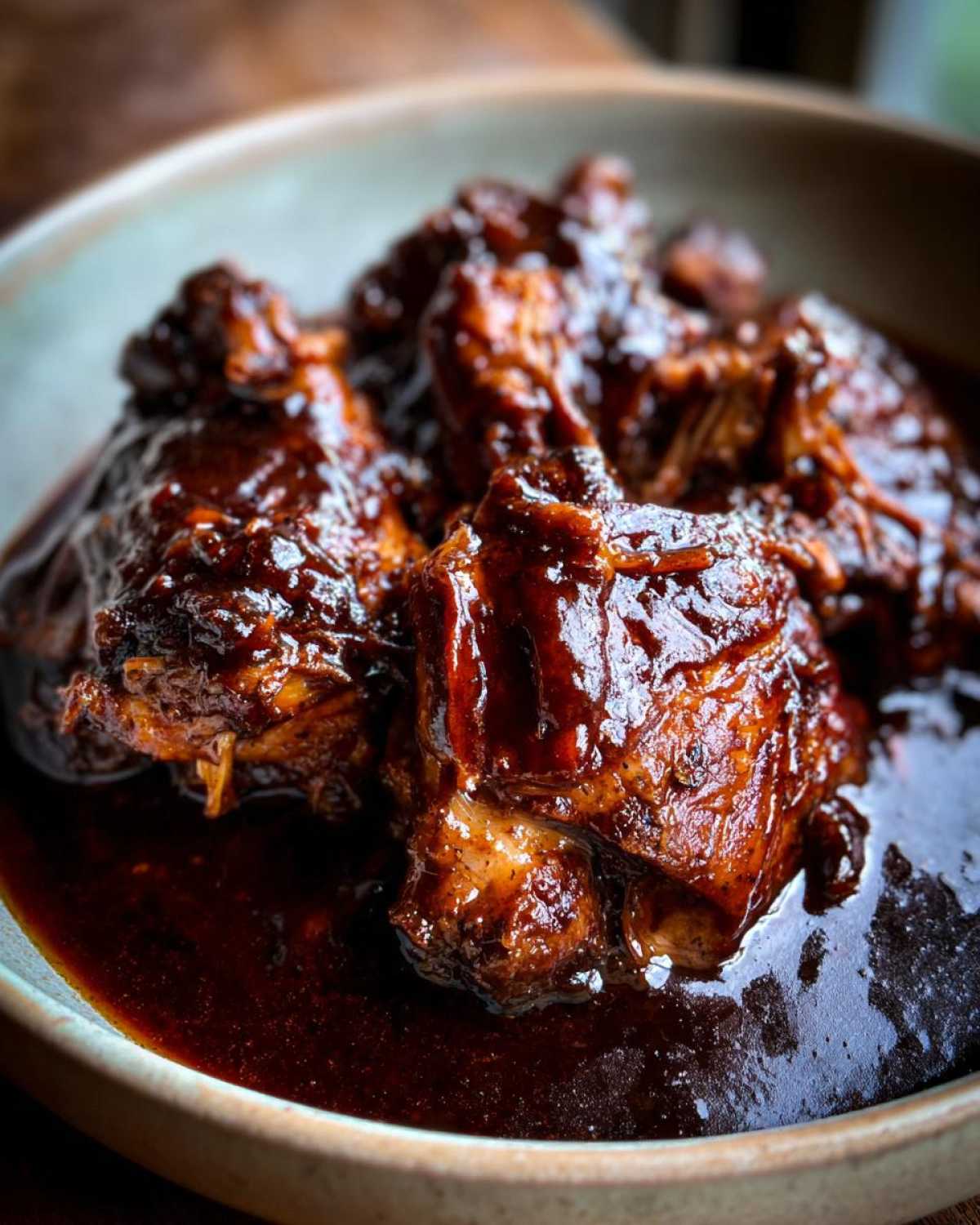 A close-up of tender Instant Pot Balsamic Chicken pieces coated in a rich, glossy sauce in a bowl.