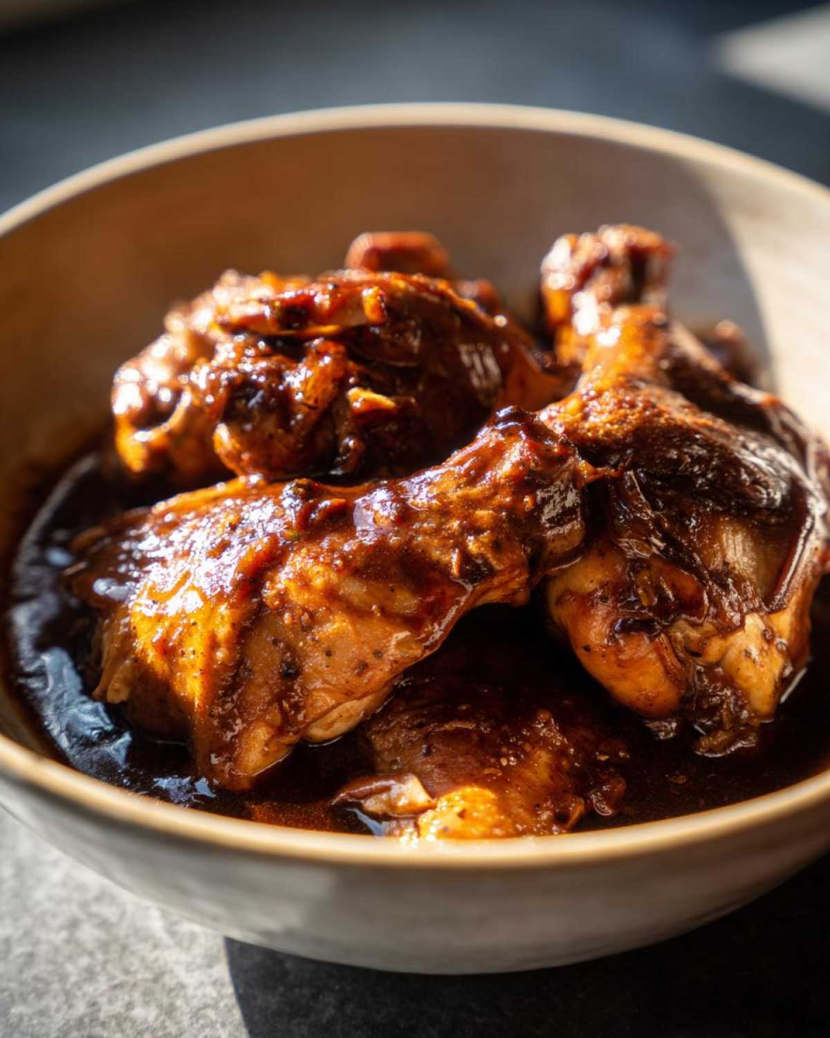 Close-up of tender Instant Pot Balsamic Chicken drumsticks coated in a rich, dark sauce.