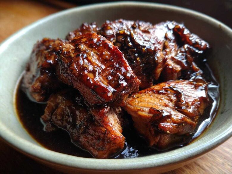 Close-up of tender Instant Pot Balsamic Chicken pieces coated in a glossy balsamic glaze, served in a bowl.