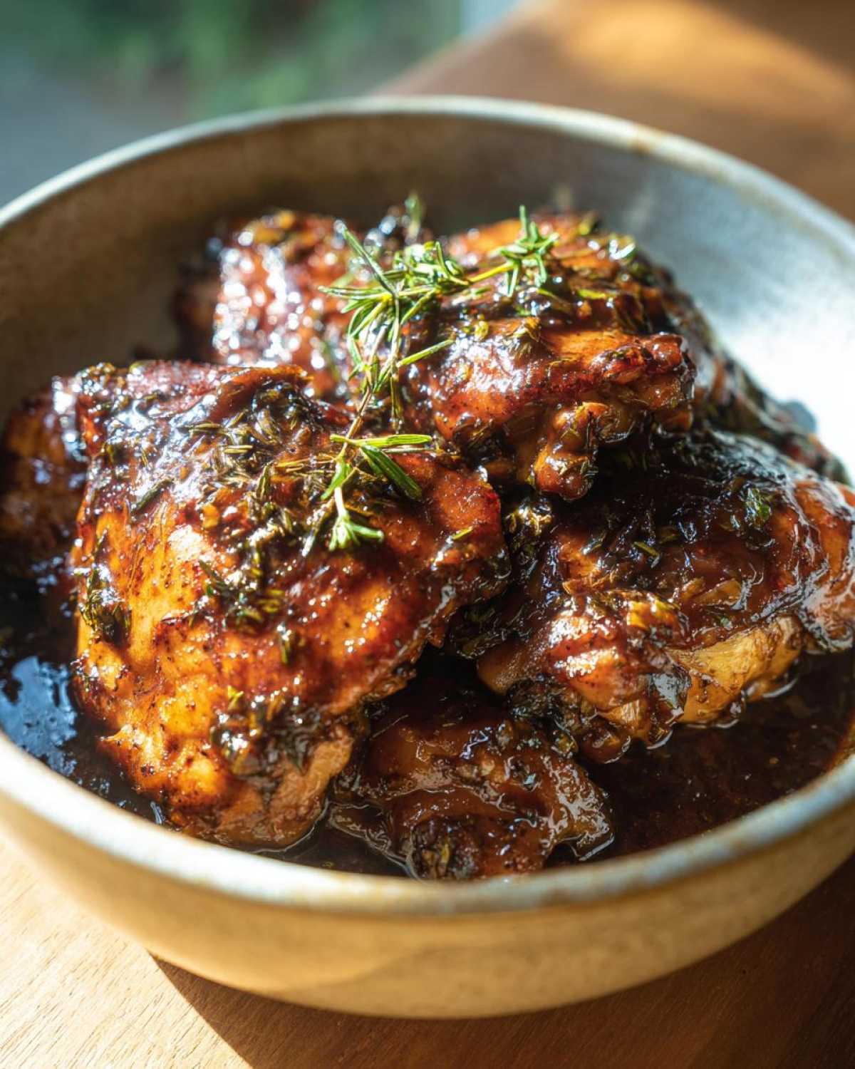 Close-up of tender Instant Pot Balsamic Chicken thighs glazed in a rich sauce and garnished with fresh rosemary.