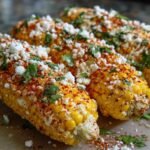 Three ears of Instant Pot Mexican street corn topped with crumbled cheese, chili powder, and cilantro.