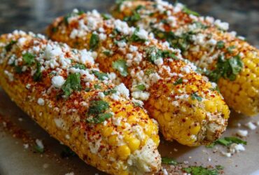 Three ears of Instant Pot Mexican street corn topped with crumbled cheese, chili powder, and cilantro.