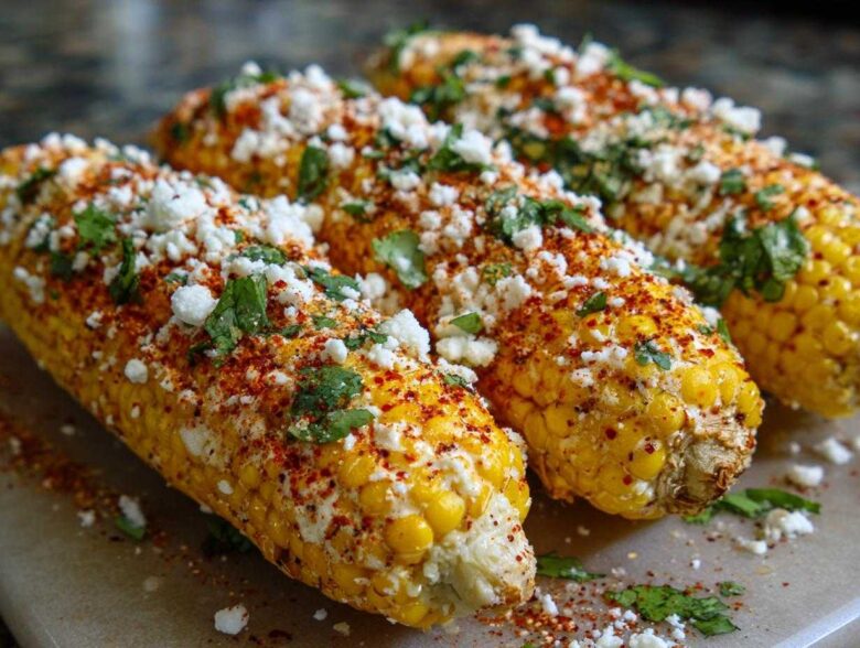 Three ears of Instant Pot Mexican street corn topped with crumbled cheese, chili powder, and cilantro.