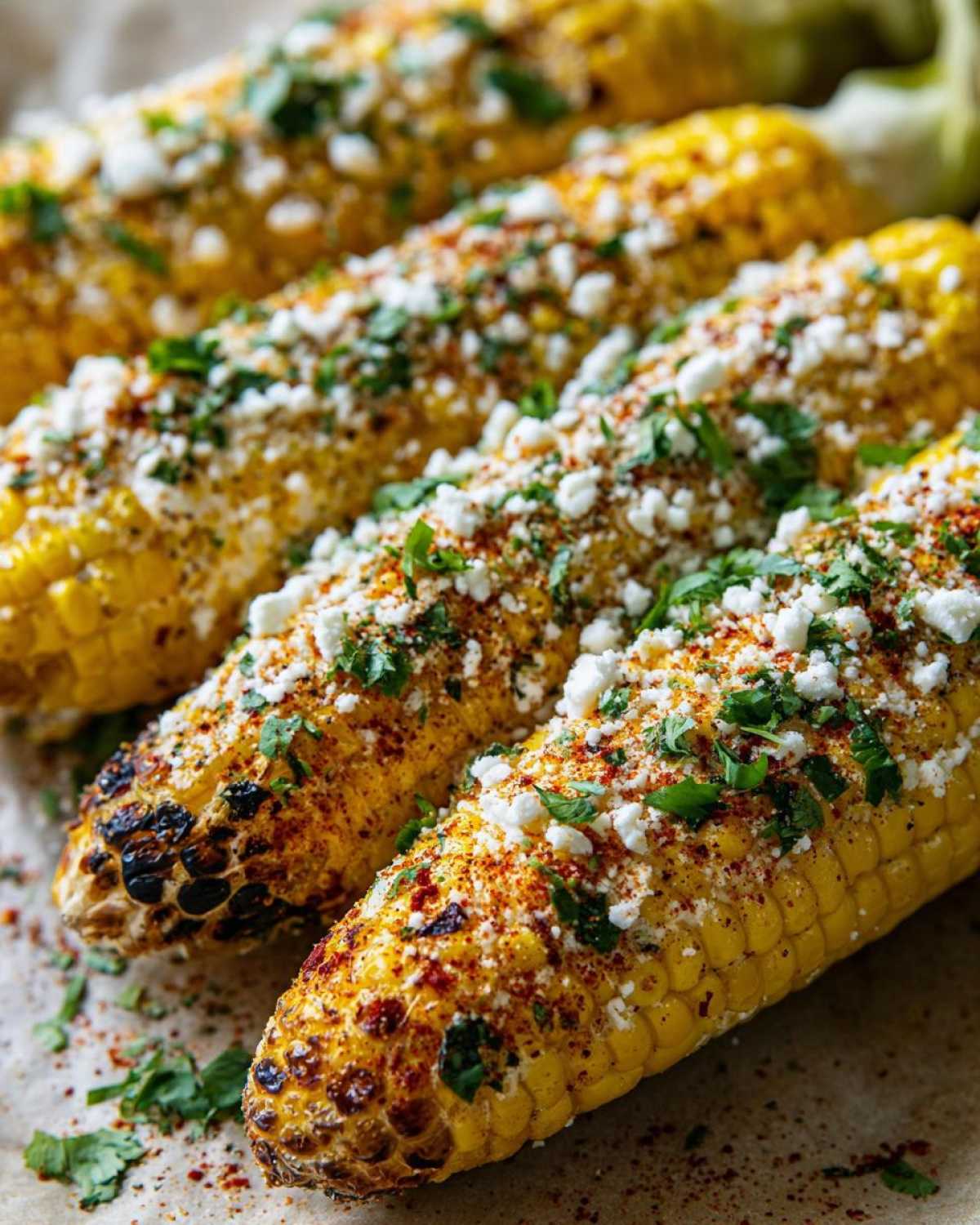 Close-up of Instant Pot Mexican street corn covered in cheese, chili powder, and cilantro.