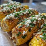 Close-up of cooked corn on the cob, seasoned with chili powder, crumbled cheese, and cilantro for Instant Pot Mexican street corn.