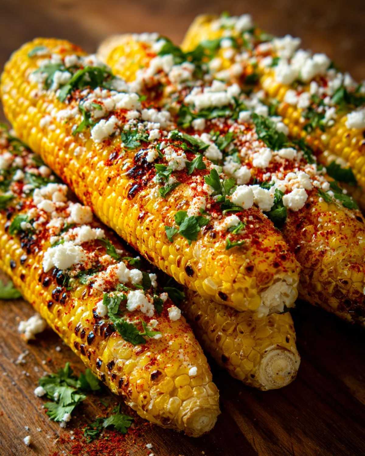 Close-up of Instant Pot Mexican street corn, grilled and topped with crumbled cheese, cilantro, and chili powder.