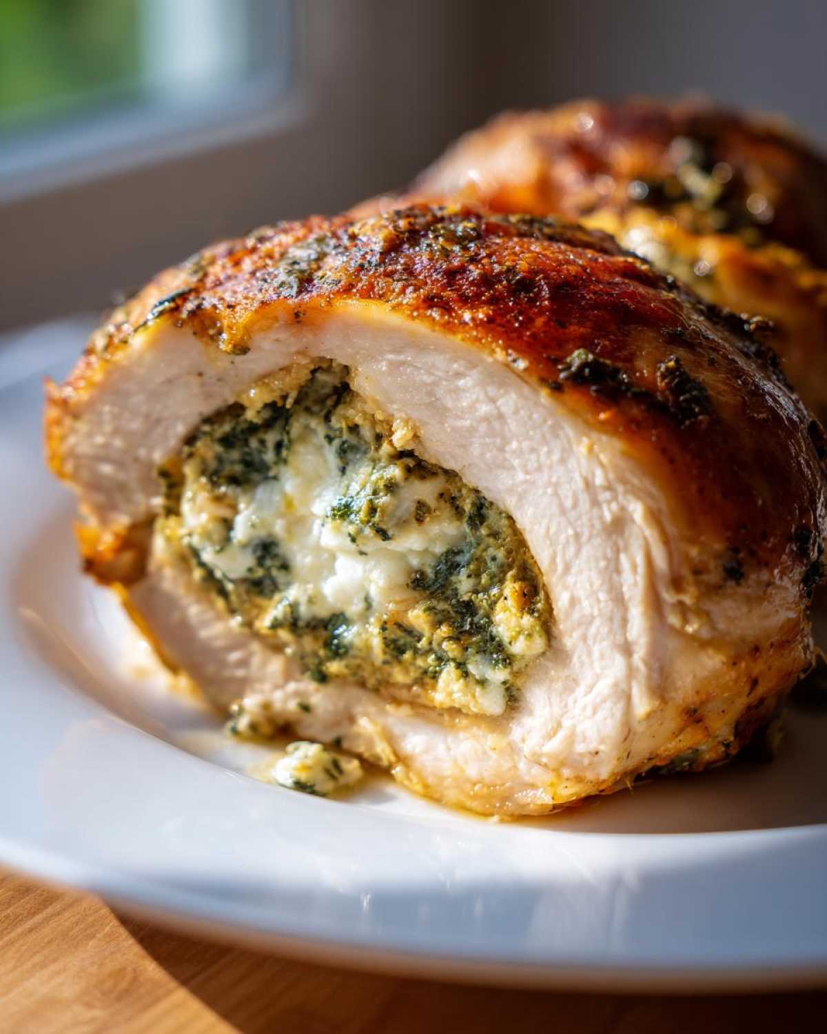Close-up of a juicy Jalapeño Popper Stuffed Chicken breast, sliced to reveal a creamy, cheesy filling with green herbs.