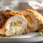 A close-up of a juicy Jalapeño Popper Stuffed Chicken breast, sliced to reveal creamy cheese filling.