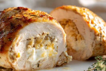 A close-up of a juicy Jalapeño Popper Stuffed Chicken breast, sliced to reveal creamy cheese filling.