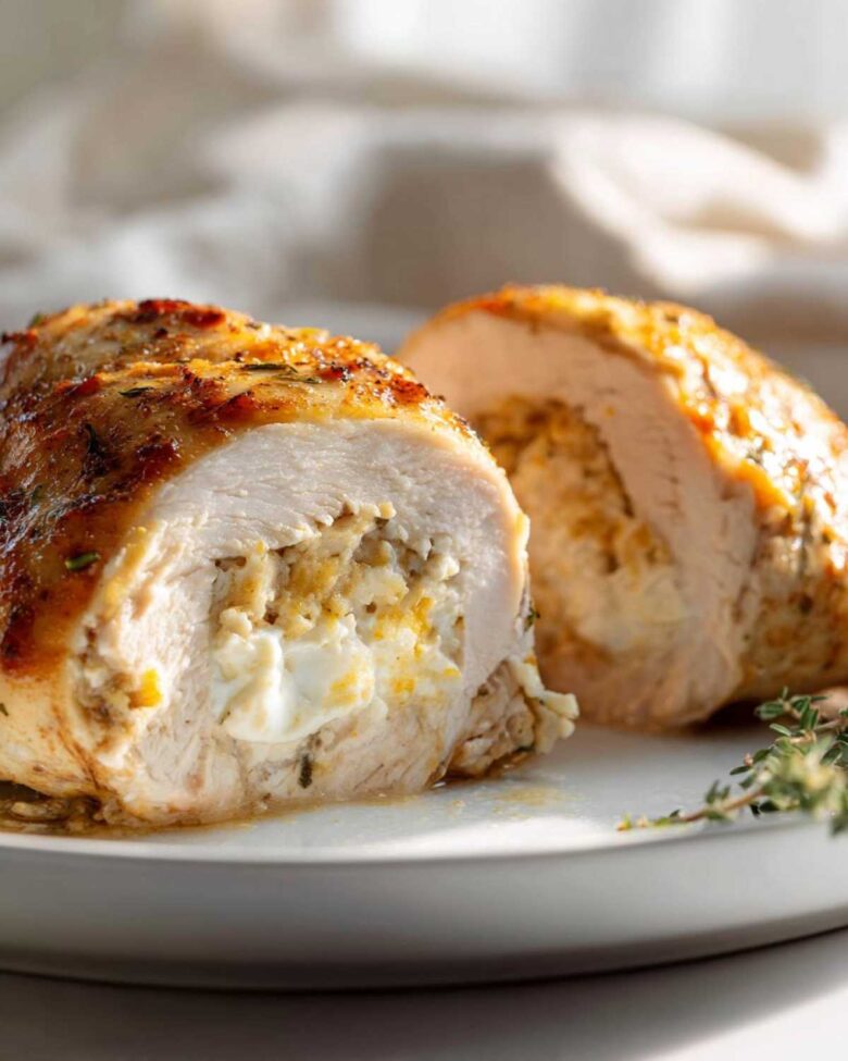A close-up of a juicy Jalapeño Popper Stuffed Chicken breast, sliced to reveal creamy cheese filling.