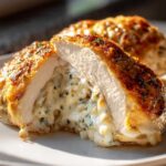A close-up of a juicy Jalapeño Popper Stuffed Chicken breast, cut in half to reveal creamy cheese filling and herbs.