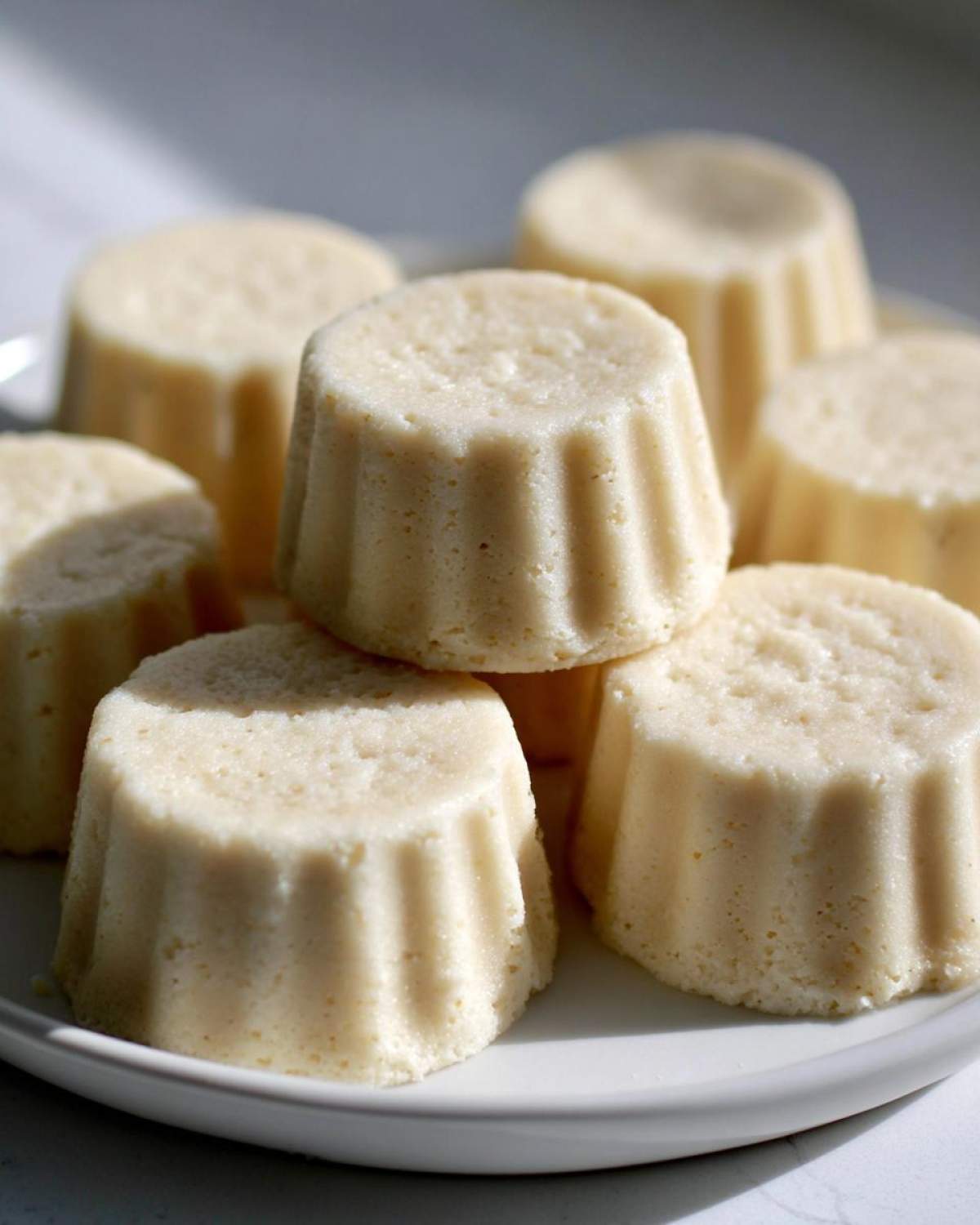 A close-up of several Keto Cheesecake Fat Bombs arranged on a white plate, showing their fluted sides.