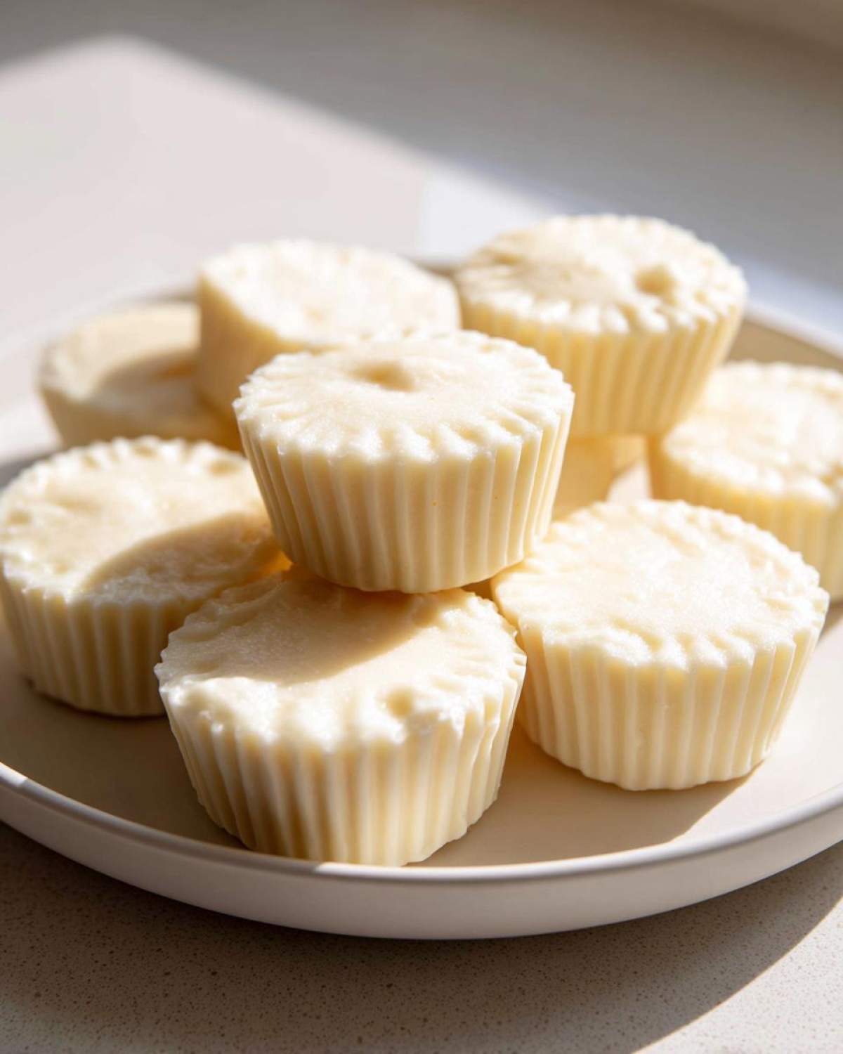 A close-up of several creamy Keto Cheesecake Fat Bombs arranged on a white plate.