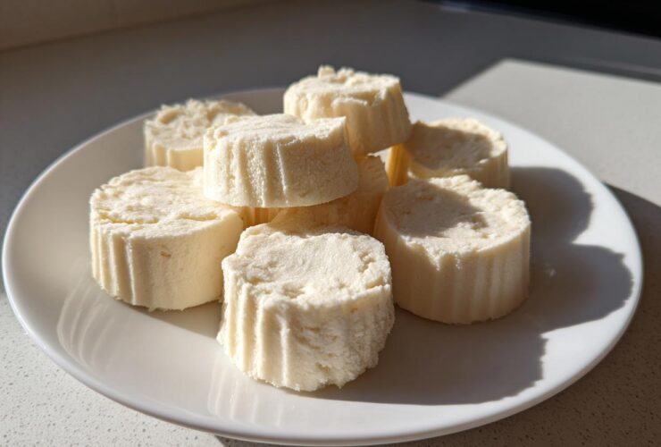 A white plate filled with several round Keto Cheesecake Fat Bombs, showing their textured sides.