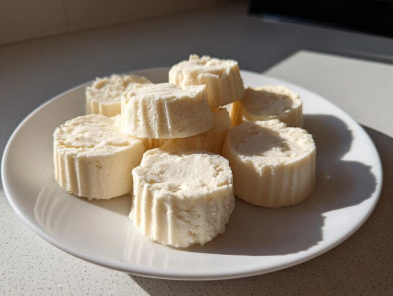 A white plate filled with several round Keto Cheesecake Fat Bombs, showing their textured sides.