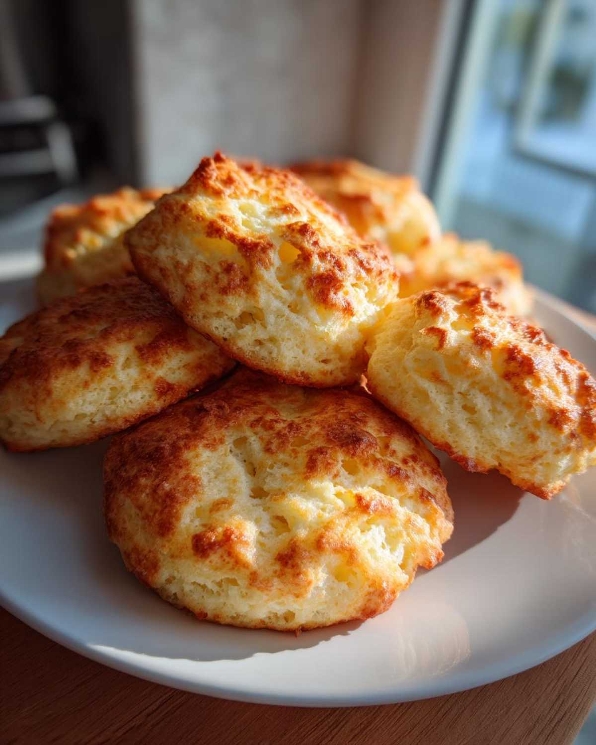 A close-up of fluffy, golden-brown Keto Cloud Bread bites piled on a white plate.
