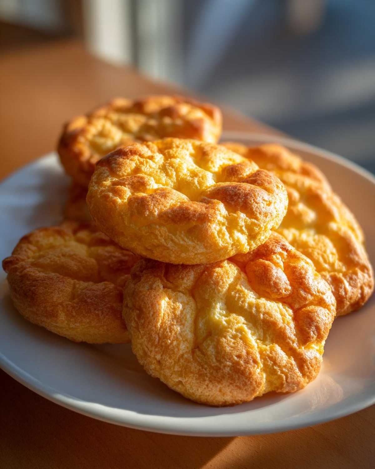 A stack of golden-brown Keto Cloud Bread pieces on a white plate, bathed in sunlight.