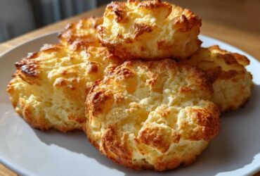 A close-up of fluffy, golden-brown Keto Cloud Bread puffs piled on a white plate.