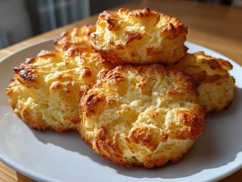 A close-up of fluffy, golden-brown Keto Cloud Bread puffs piled on a white plate.