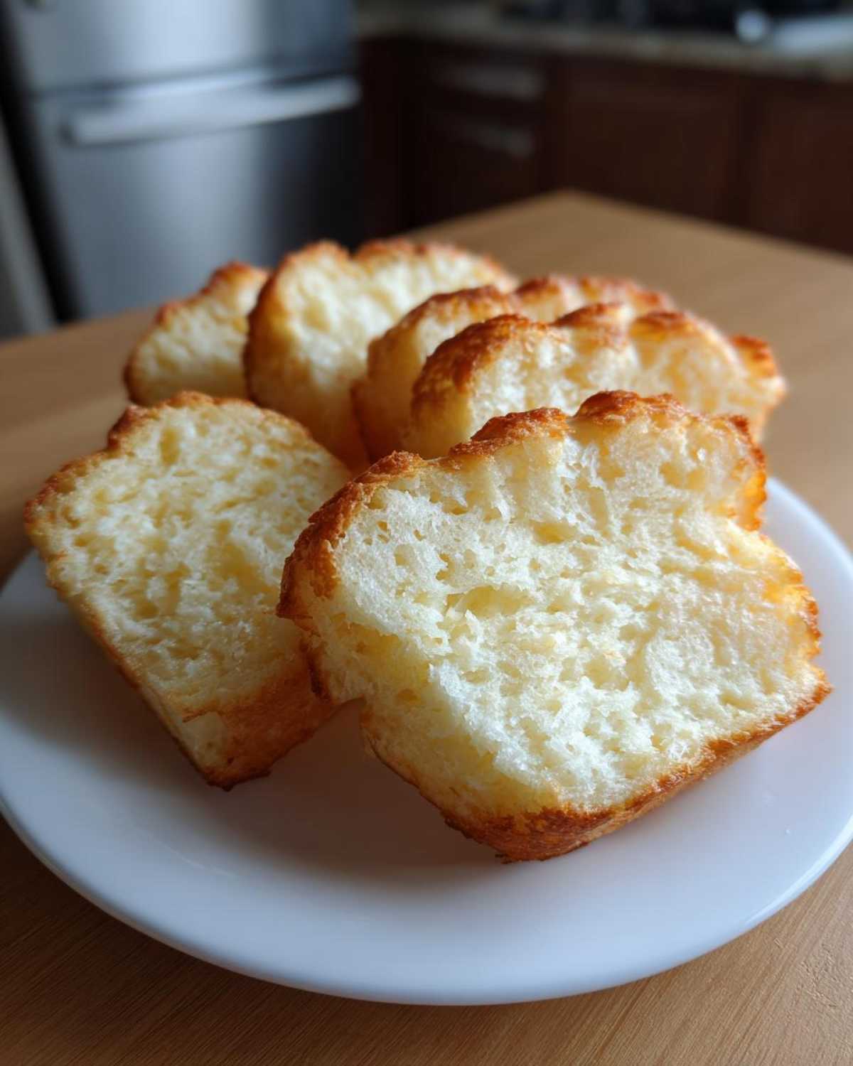Several slices of fluffy Keto Cloud Bread arranged on a white plate, showcasing their airy texture and golden-brown crust.